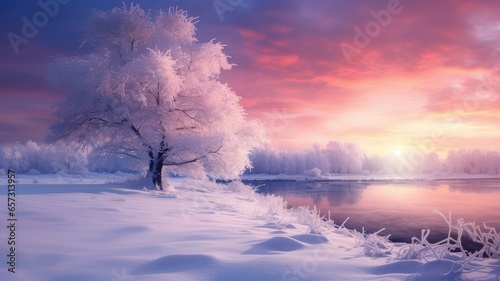 a snow-covered landscape. a pristine white landscape, frost-covered trees, and the soft, hushed atmosphere of a winter wonderland.