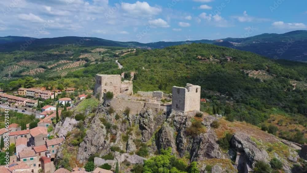 Aerial panorama of an ancient Tuscan village in Maremma, Montemassi, Italy Aerial panorama of an ancient Tuscan village in Maremma, Montemassi, Italy