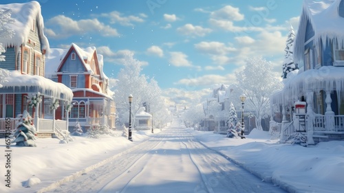 Fototapeta Naklejka Na Ścianę i Meble -  a quaint village or small town covered in snow. charming houses with smoke rising from chimneys, snow-covered streets, and the cozy, welcoming feel of winter in a close-knit community.