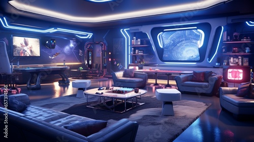 A futuristic game room with high-tech gaming consoles and LED lighting.