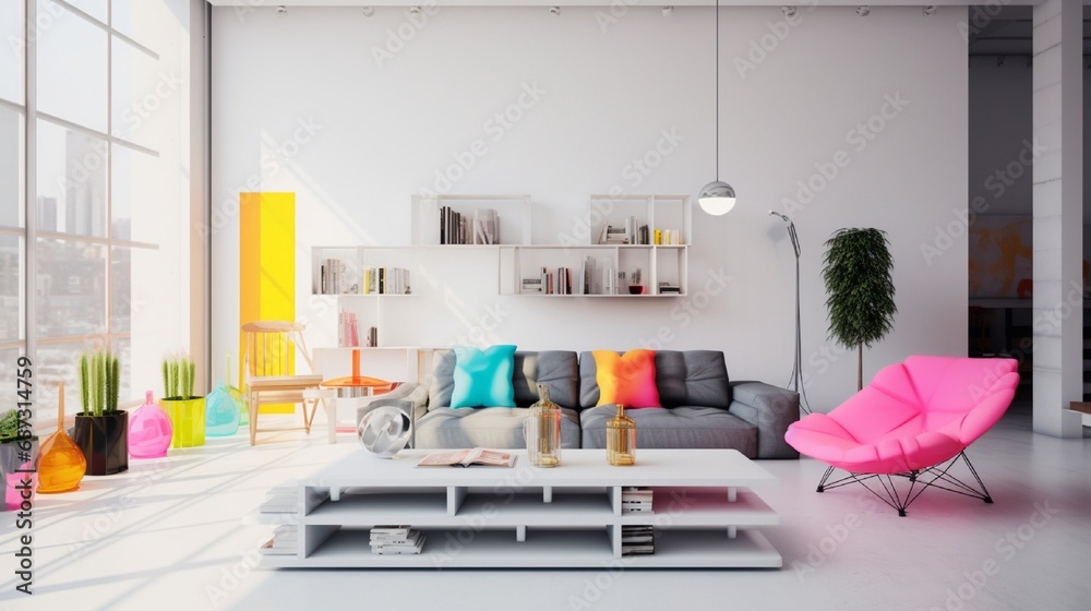 A minimalist living room with pops of neon-colored decor against a white backdrop. A minimalist living room with pops of neon-colored decor against a white backdrop.