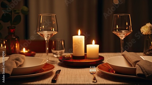 the romantic ambiance of a candlelit dinner for two. a beautifully set table with minimalist tableware and soft candlelight creating a warm, inviting atmosphere.