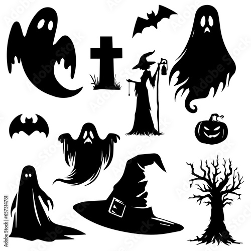 Vector illustration. Set of silhouette Halloween stickers. Creepy witches spiders pumpkins bats.
