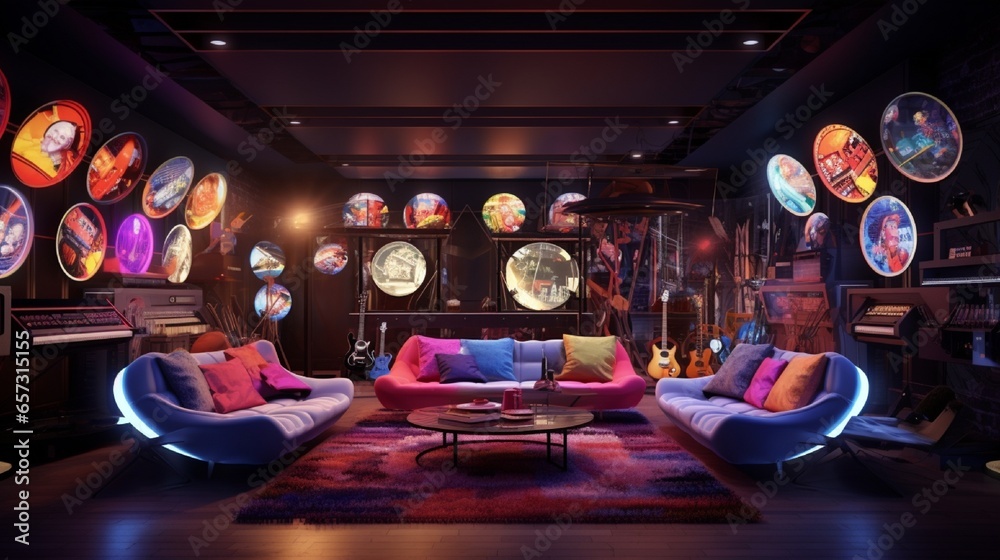 A music-themed lounge with walls covered in vinyl records and neon signs.