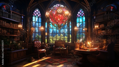 A steampunk-themed study with brass accents, rich mahogany furniture, and colorful stained glass windows, creating a Victorian-inspired and vibrant intellectual space. © AQ Arts