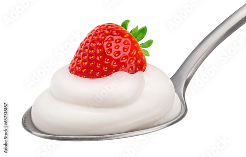 Strawberry yogurt in spoon isolated on white background