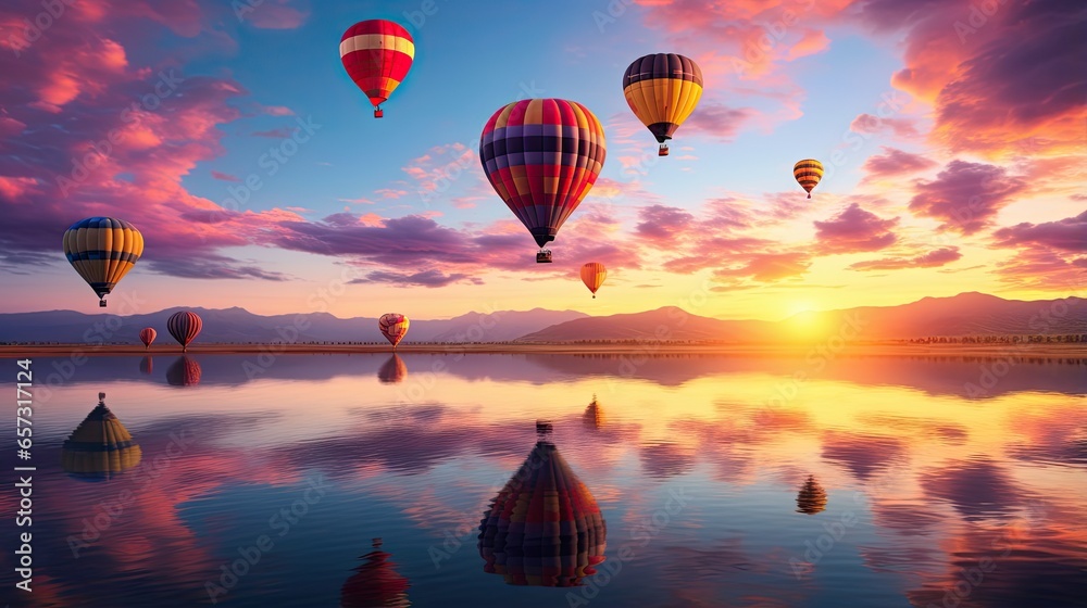 Fototapeta premium a group of hot air balloons flying over a lake at sunset. generative ai