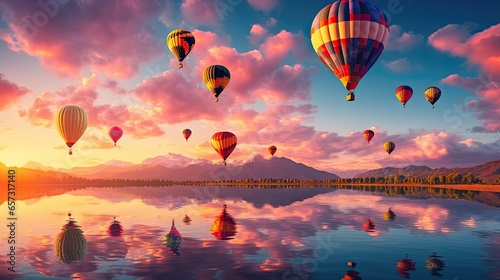  a group of hot air balloons flying over a lake at sunset.  generative ai