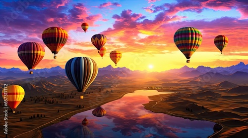  a group of hot air balloons flying over a river at sunset. generative ai