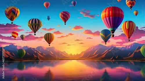 a painting of hot air balloons flying over a lake at sunset. generative ai