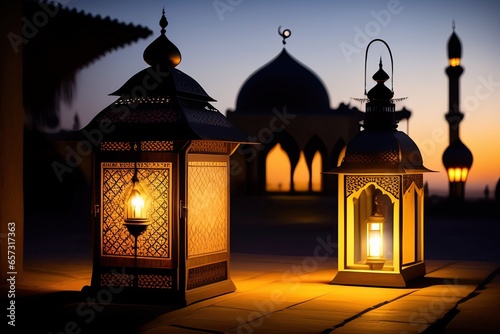 Ornamental arabic lantern with burning candle glow
