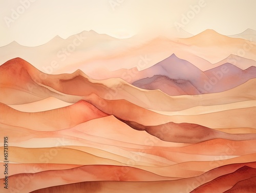 Abstract watercolor painting of a desert landscape with mountains and sand dunes in warm hues.