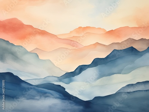 Watercolor abstract landscape with a mountain range in the background and a river in the foreground. © Infusorian