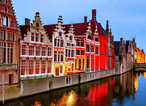 Stylized fantasy illustration of the canals in Bruges in bright colours photo