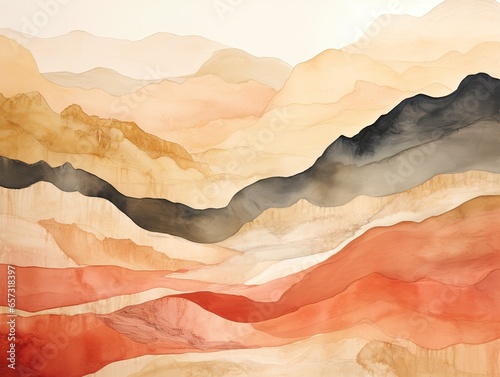 Watercolor abstract landscape painting of mountains with a variety of colors, including red, orange, yellow, black and brown. © Infusorian