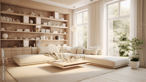 living room with soft beige furniture in a light luxury interior design of a modern apartment in a minimalist style with marble trim and huge windows. daylight inside.