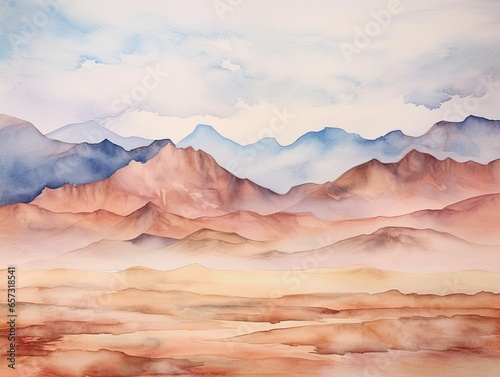 Watercolor painting of mountain range and desert with colorful clouds. © Infusorian