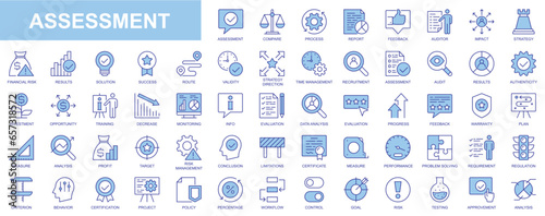 Assessment web icons set in blue line design. Pack of process, report, feedback, auditor, solution, strategy, time management, decrease, result, data analysis, other. Vector outline stroke pictograms