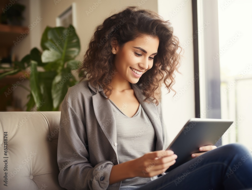 Attractive Young Woman Smiling As She Uses Her Digital Tablet At Home Attractive Young Woman Smiling As She Uses Her Digital Tablet At Home