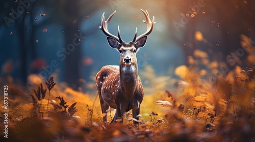  a deer standing in the middle of a forest filled with tall grass.  generative ai