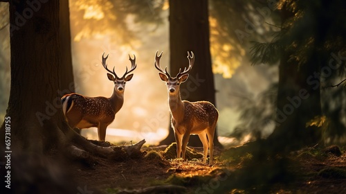  two deer standing next to each other in a forest filled with trees.  generative ai