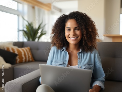 Attractive Young Woman Smiling As She Uses Her Digital Tablet At Home © Yuliia