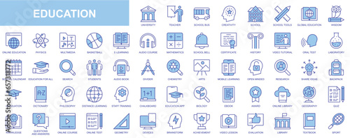 Education web icons set in blue line design. Pack of teacher, school, creativity, wisdom, online library, e-learning, audio course, certificate, video tutorial, other. Vector outline stroke pictograms