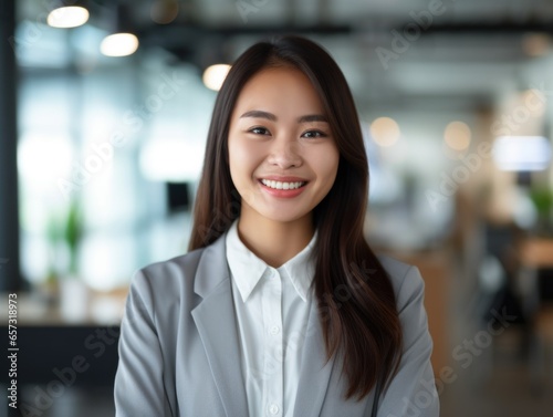 Close Up Portrait Of Asian Corporate Woman, Looking Professional, Smiling At