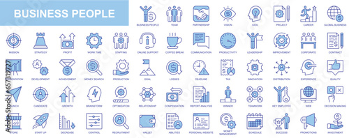 Business people web icons set in blue line design. Pack of team, partnership, vision, idea, project, career, mission, report, profit, work time, online support, other. Vector outline stroke pictograms