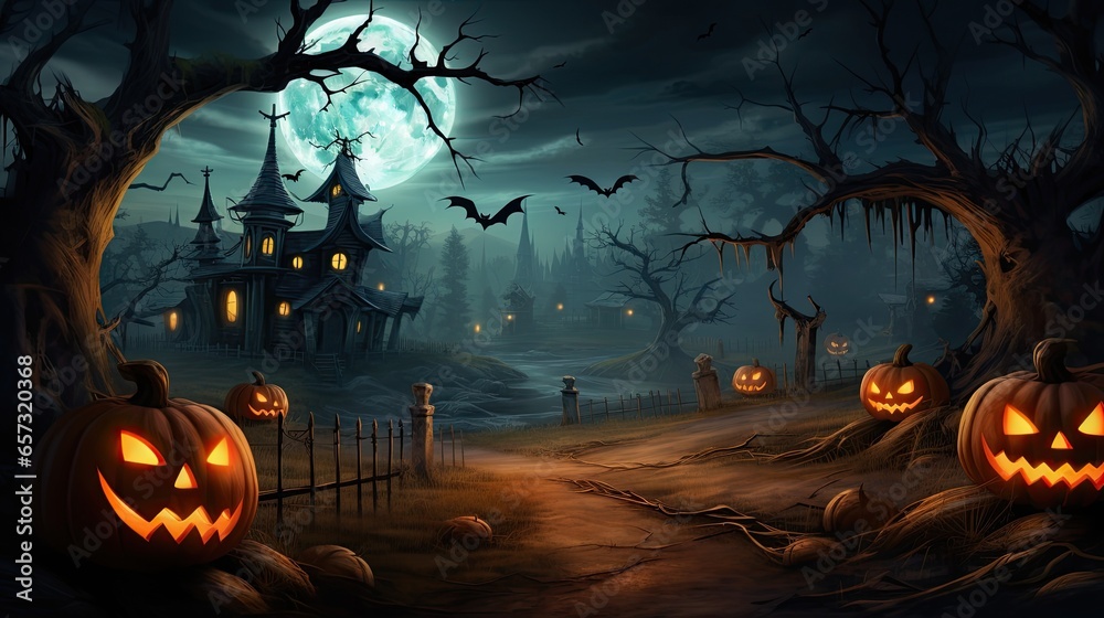 halloween background with pumpkins and haunted house - obrazy, fototapety, plakaty 