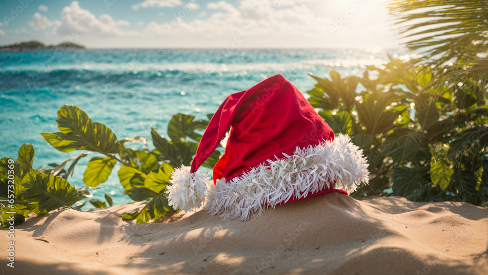 Santa hat against the background of the sea, tropical leaves