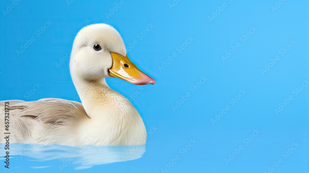  a white duck with a yellow beak floating in water on a blue background.  generative ai