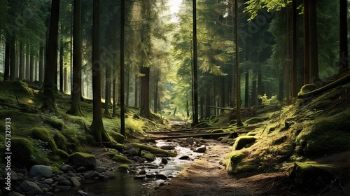  a stream running through a forest filled with green grass and trees.  generative ai © Anna