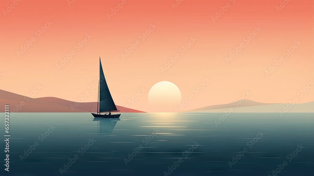  a sailboat is sailing in the ocean at sunset or dawn.  generative ai