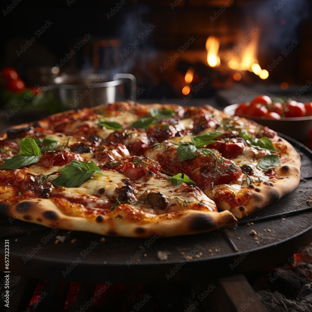 Pizza in a wood-burning oven. Cooking over an open fire. Traditional cooking with thin dough. Pizza in a wood-burning oven. Cooking over an open fire. Traditional cooking with thin dough.