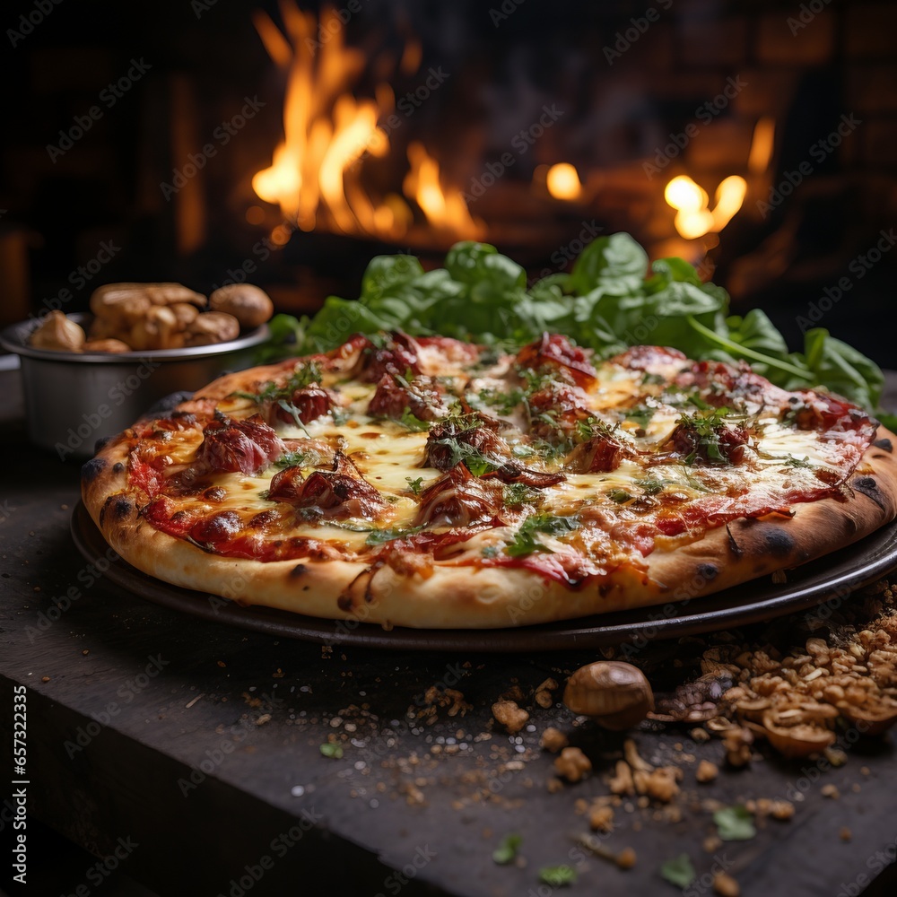 Pizza in a wood-burning oven. Cooking over an open fire. Traditional cooking with thin dough.