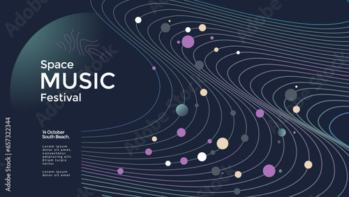 Electronic Music festival poster with abstract wave line and decoration elements. Modern club party banner. Sound cover design with neon colors.