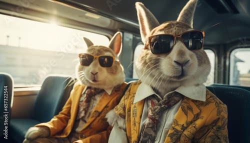 A rabbit with glasses rides on a passenger bus. Created in AI © Ренат Хисматулин