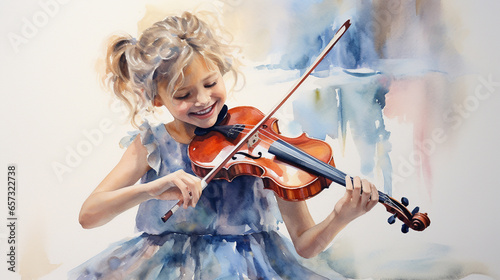 フォーマルな服装で楽しそうにバイオリンを演奏する子どもの水彩画