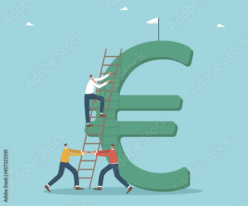 Teamwork for income and salary growth, cooperation for financial and economic stability, increase in investment portfolio and savings, increase in value of currency, man climbs it to top of euro.