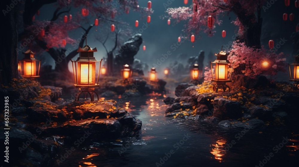 Ethereal glowing lanterns light mossy stone path Ai generated art