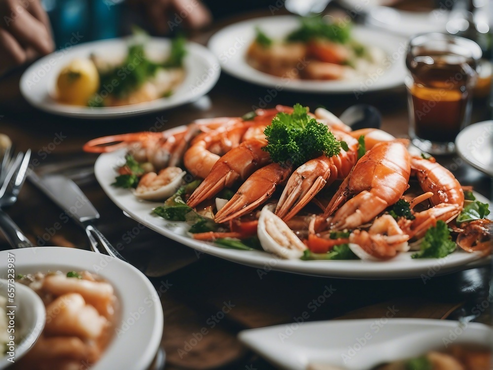delicious and fresh seafood dish on a porcelain plate at restaurant delicious and fresh seafood dish on a porcelain plate at restaurant