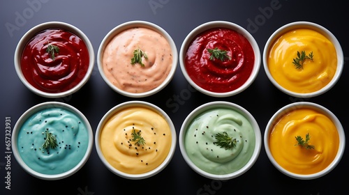 Sauces for meat and salads. An assortment of dressings of different flavors with the addition of tomato or sour cream. Low-calorie food additives.