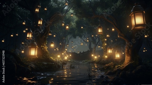 Ethereal glowing lanterns light mossy stone path Ai generated art