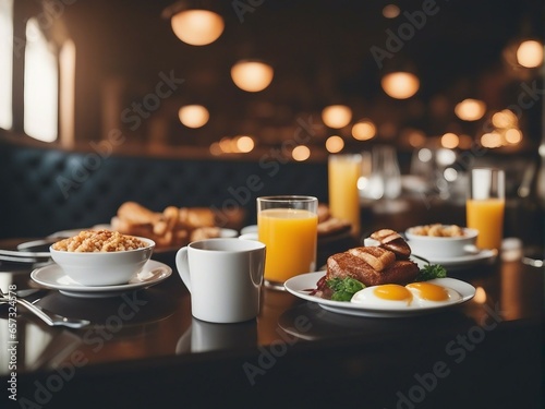 minimalist breakfast table with orange juice, pancake, egg etc. 