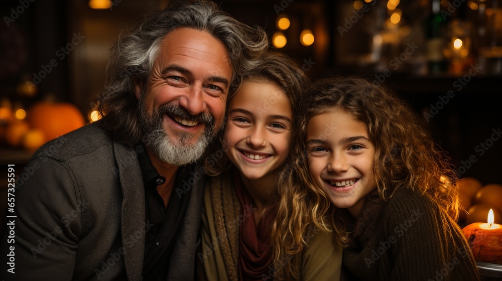 
Close-up portrait of a family during a festive feast. Smiling people looking at the camera. Friendly family atmosphere, parents and children on holiday