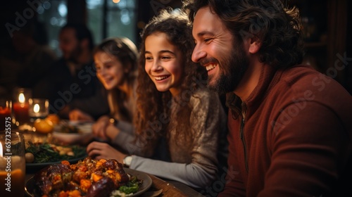  Close-up portrait of a family during a festive feast. Smiling people looking at the camera. Friendly family atmosphere, parents and children on holiday