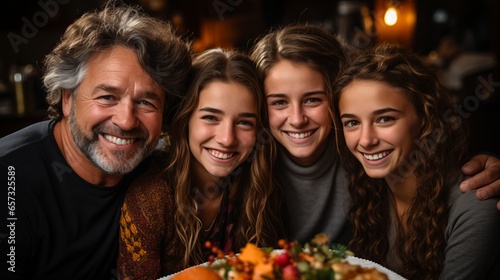  Close-up portrait of a family during a festive feast. Smiling people looking at the camera. Friendly family atmosphere  parents and children on holiday