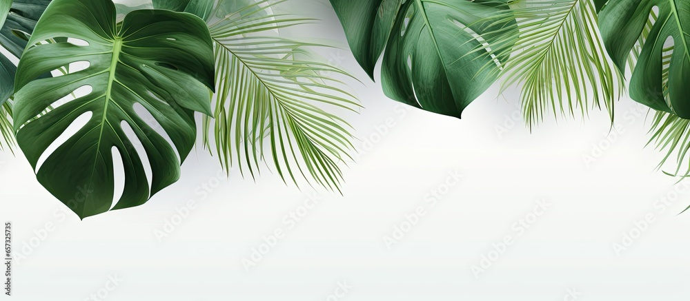 Decorating home with monstera deliciosa plants With copyspace for text - obrazy, fototapety, plakaty 
