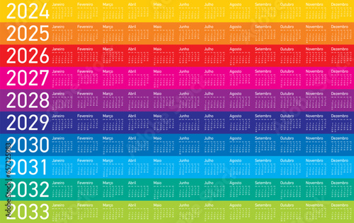 Colorful Calendar for Years 2024 to 2033, in Portuguese